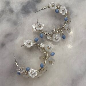 Floral Hoop Earrings with Blue and White Accents